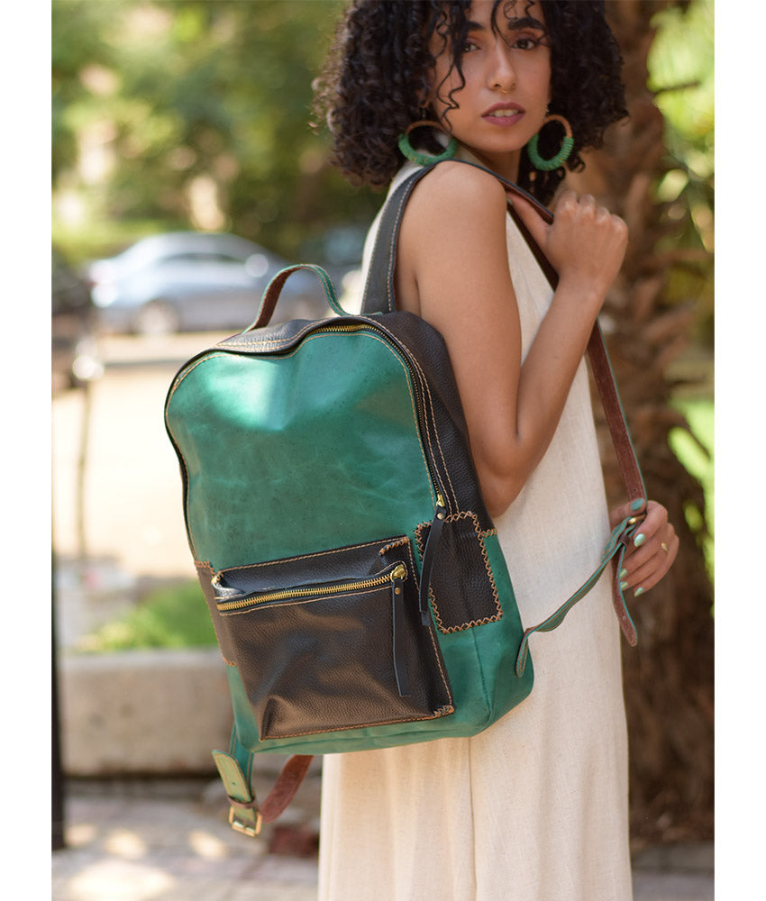Black & Green Genuine Leather Backpack handmade in Egypt and available at Jozee Boutique.