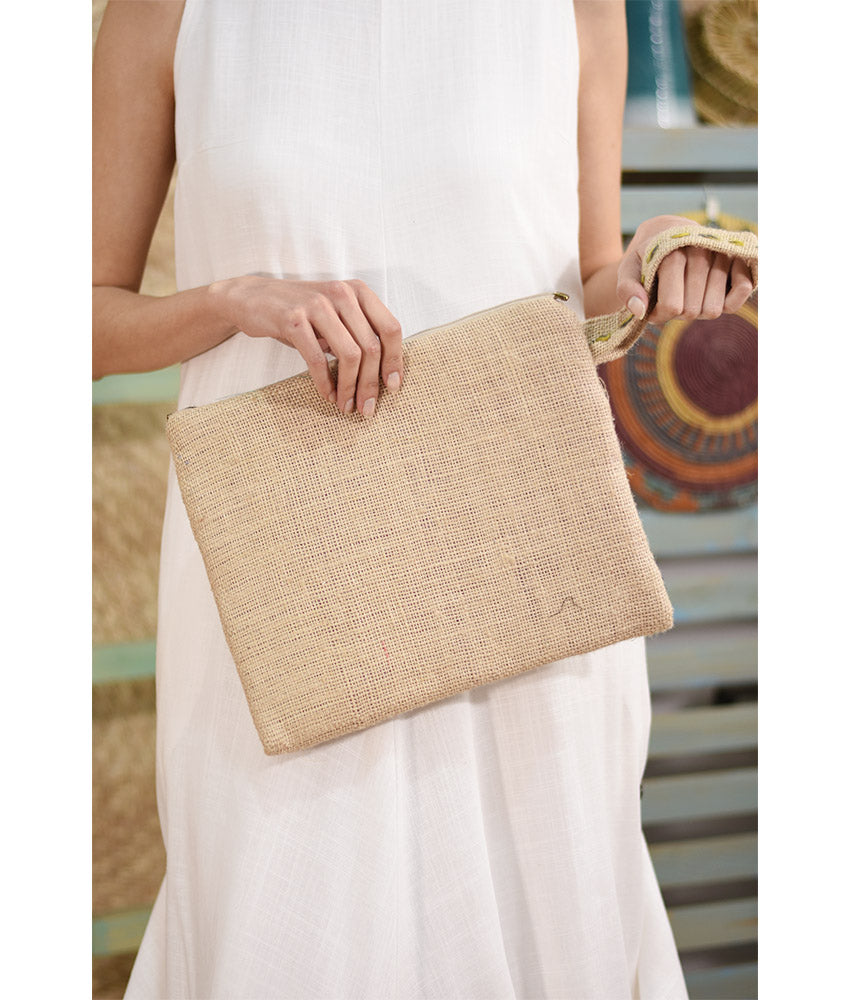 Beige Embroidered Burlap Clutch with Buttons handmade in Egypt & available at Jozee Boutique.