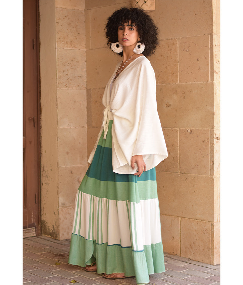 Green & White Handwoven Ruffle Skirt handmade in Egypt & available at Jozee Boutique.