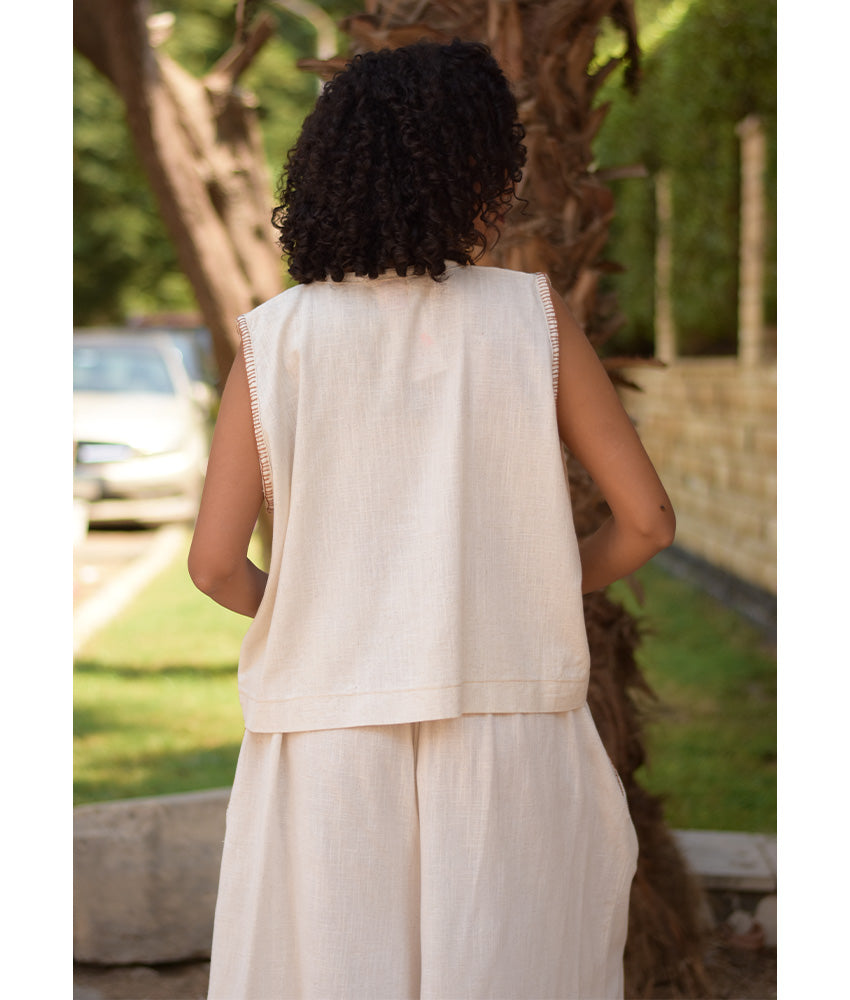 Off White Cotton Set with Hand Embroideries handmade in Egypt & available at Jozee Boutique.