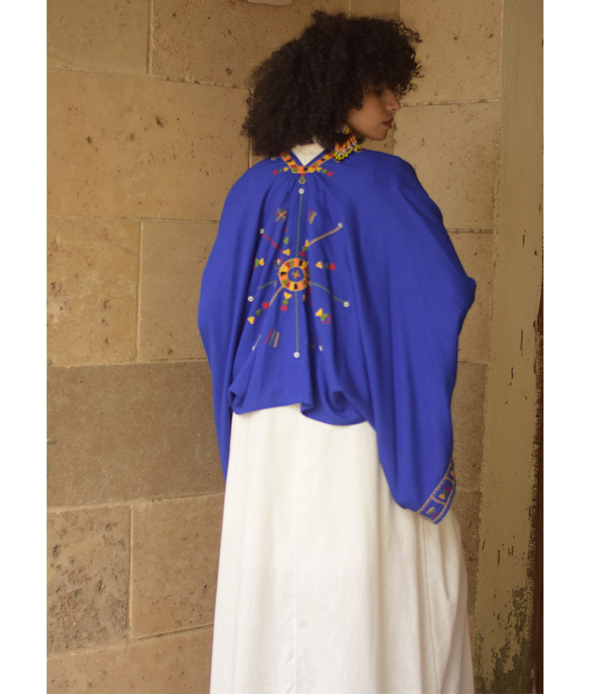 Electric Blue Siwa Embroidered Linen Bolero made in Egypt & available at Jozee Boutique.