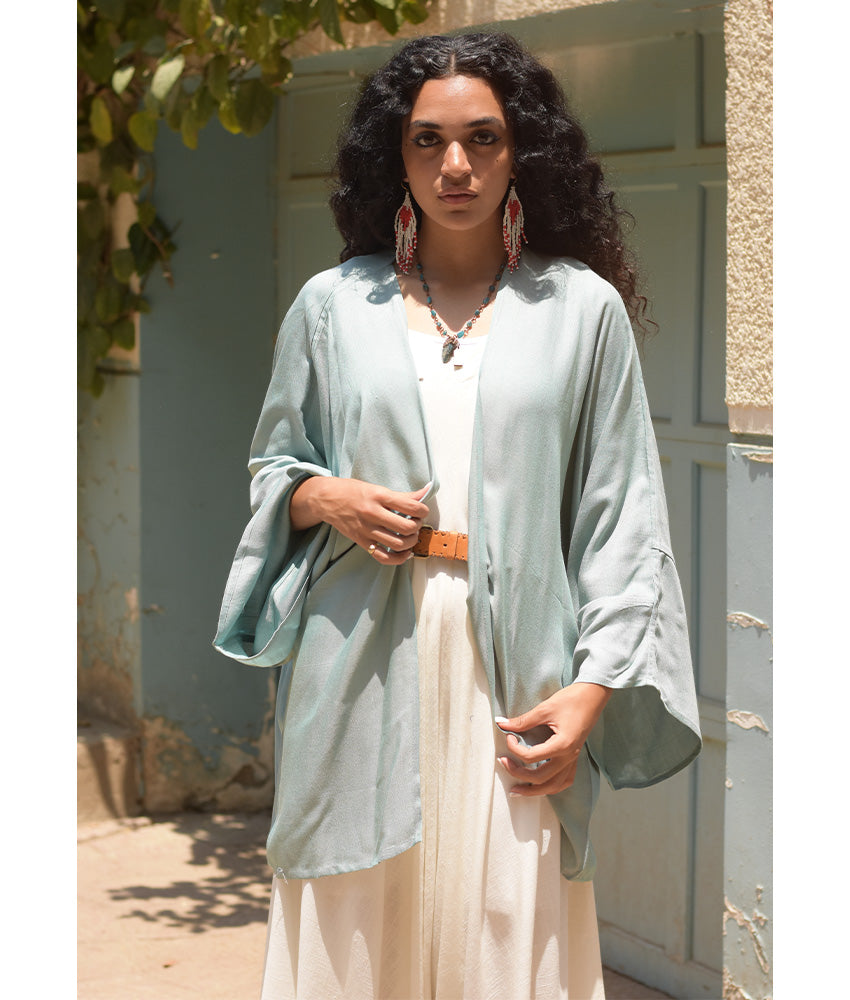 Dusty Mint Handwoven Viscose Cardigan handmade in Egypt & available at Jozee Boutique.
