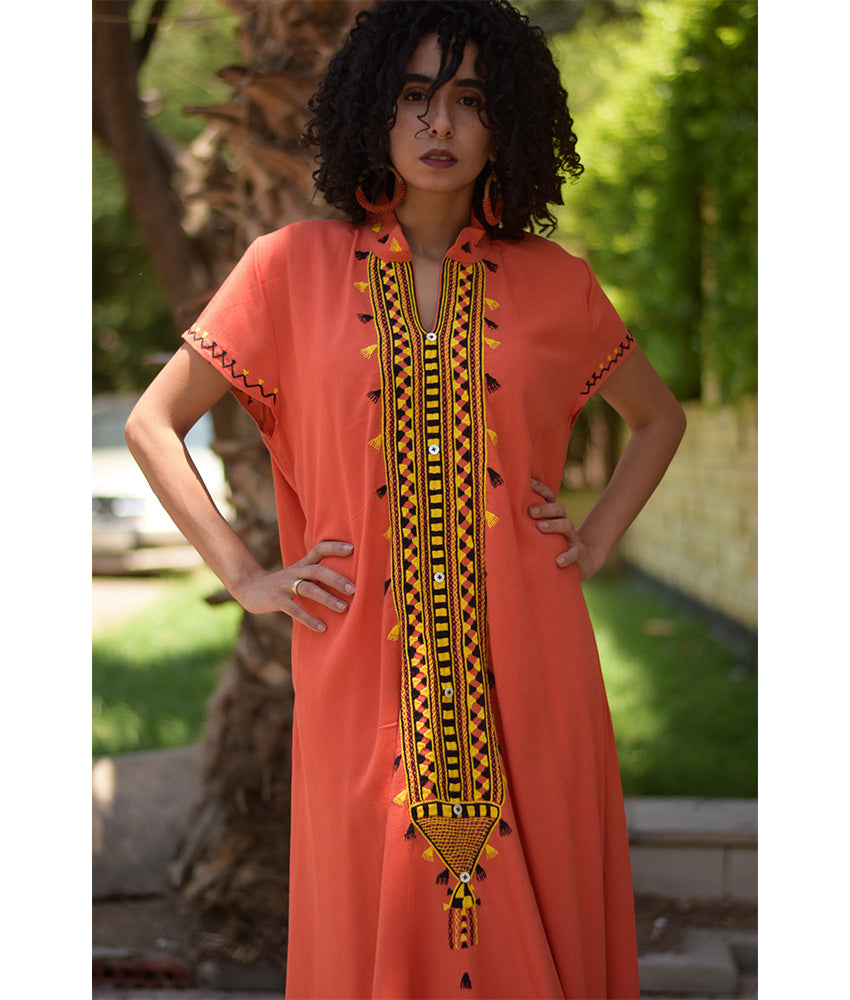 Orange Siwa Embroidered Linen Japanese Dress handmade in Egypt & available at Jozee Boutique.