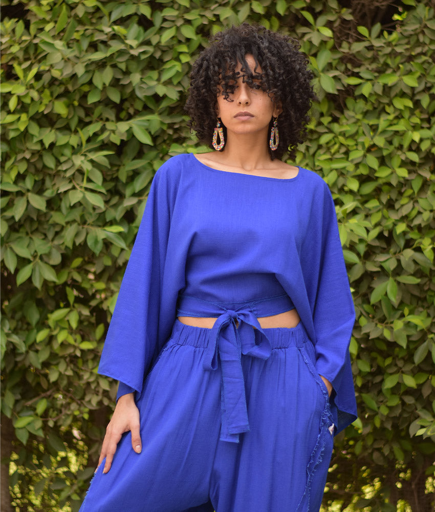 Electric Blue Kimono Linen Top handmade in Egypt & available at Jozee Boutique.