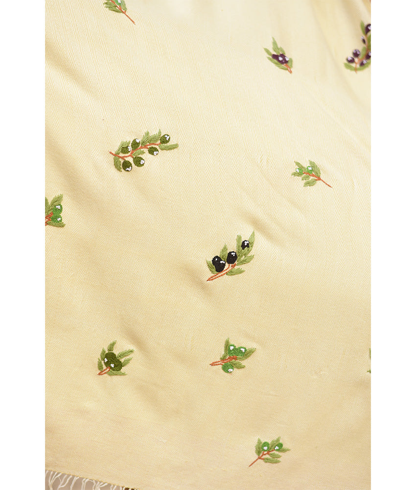 Light Beige & Green Handwoven Viscose Shawl with Hand Embroideries handmade in Egypt & available at Jozee Boutique.handmade in Egypt & available at Jozee Boutique.