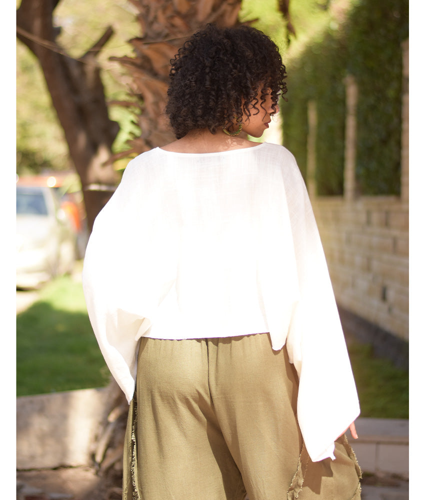 White Kimono Linen Top handmade in Egypt & available at Jozee Boutique.
