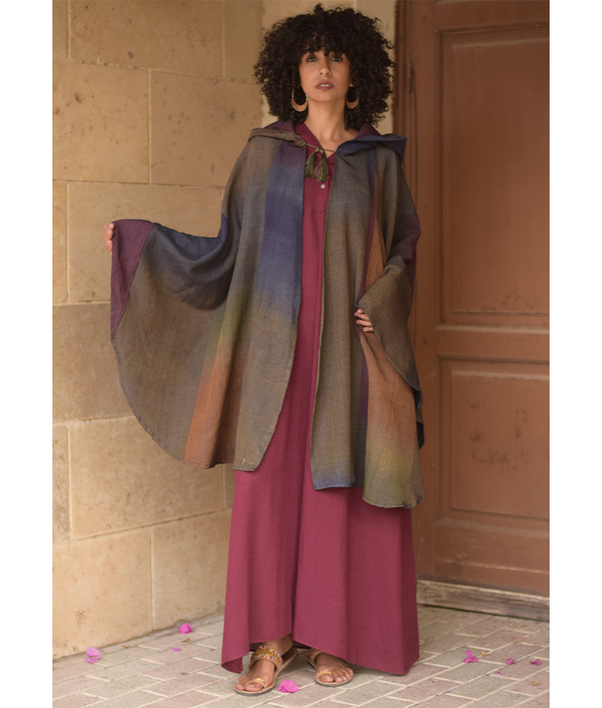Multicolored Silk & Cotton Hooded Cape