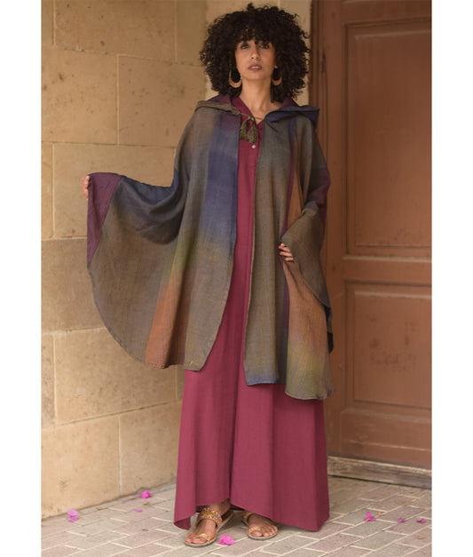 Multicolored Silk & Cotton Hooded Cape