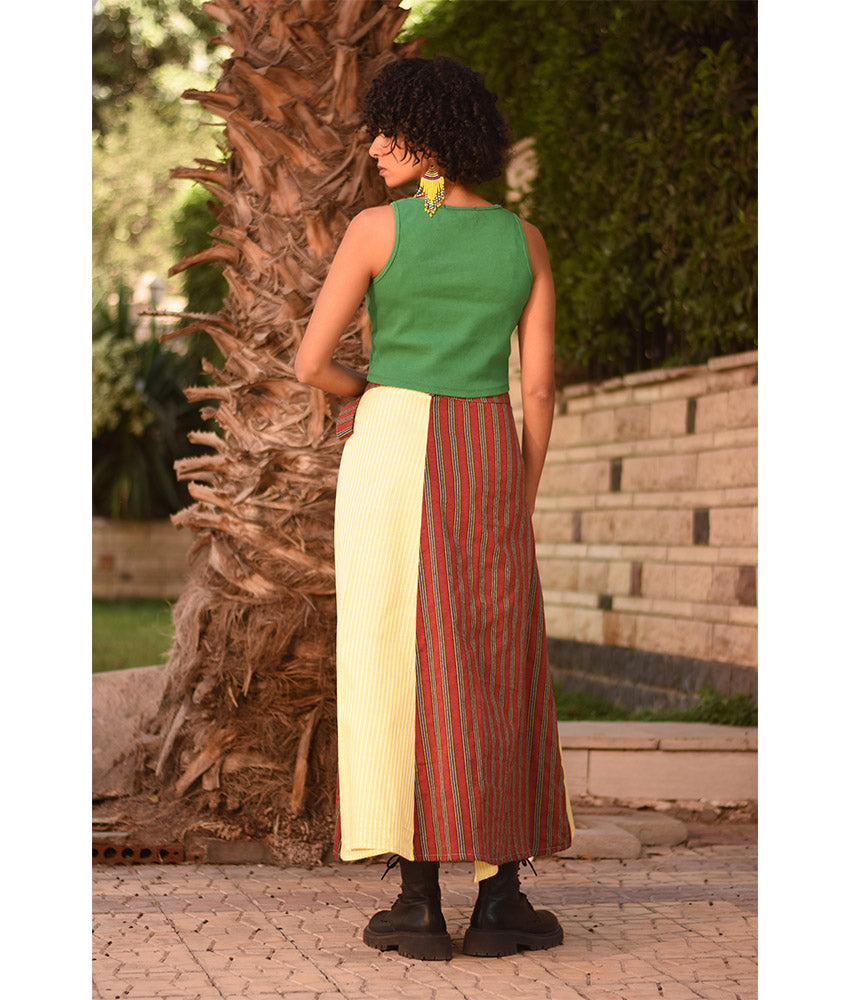 Striped Yellow & Maroon Silk and Cotton Loom Woven Long Wrap Skirt handmade in Egypt & available at Jozee Boutique.