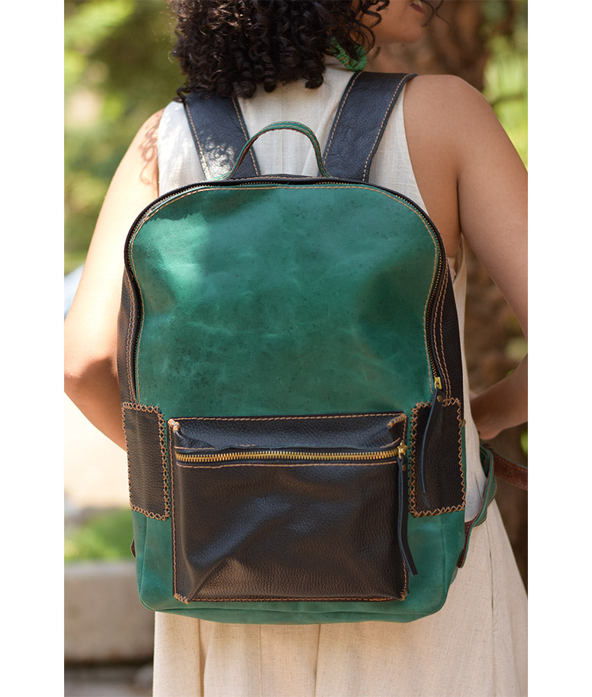 Black & Green Genuine Leather Backpack handmade in Egypt and available at Jozee Boutique.
