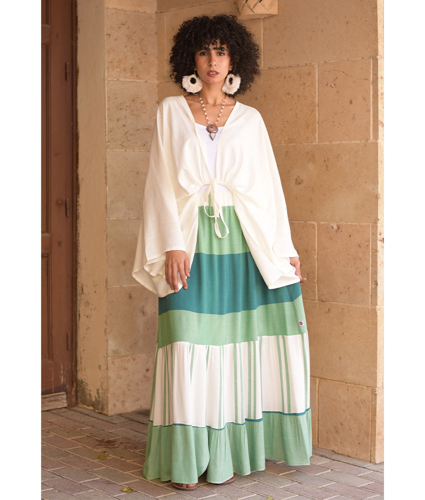 Green & White Handwoven Ruffle Skirt handmade in Egypt & available at Jozee Boutique.