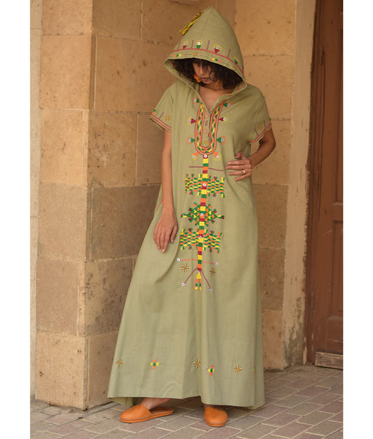 Light olive Siwa Heavily Embroidered Linen Dress with Hoodie handmade in Egypt & available at Jozee Boutique.
