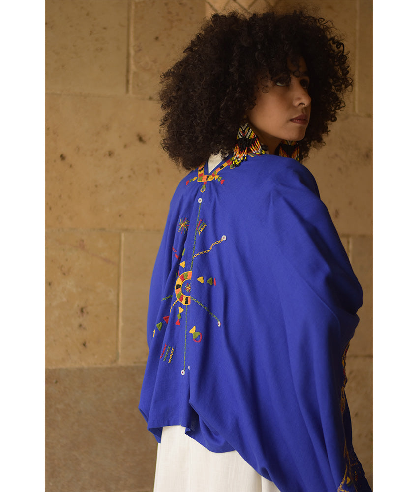 Electric Blue Siwa Embroidered Linen Bolero made in Egypt & available at Jozee Boutique.