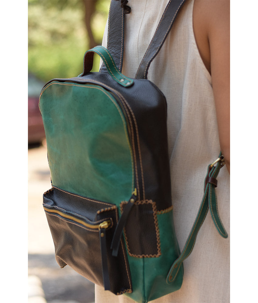 Black & Green Genuine Leather Backpack handmade in Egypt and available at Jozee Boutique.