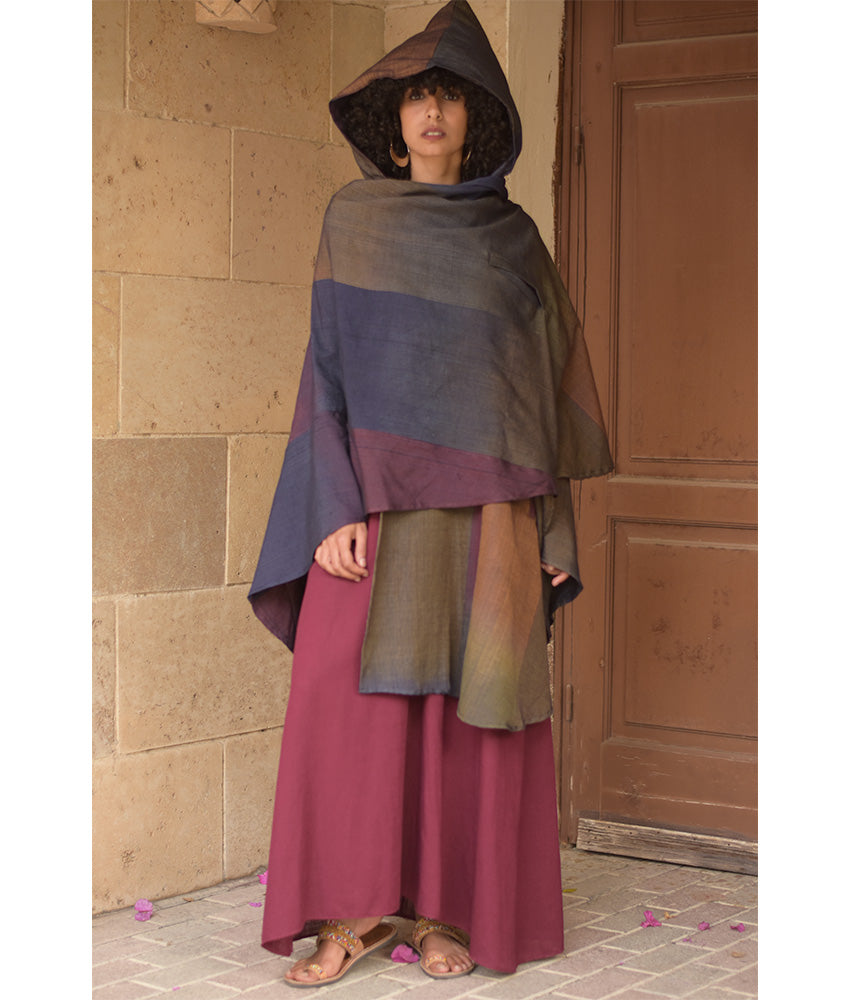 Multicolored Silk & Cotton Hooded Cape