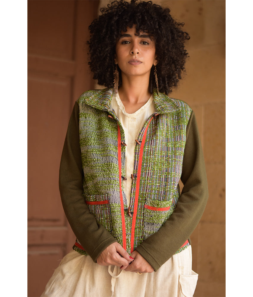 Shades of Green Cropped Akhmim Loomwoven Jacket handmade in Egypt & available at Jozee Boutique.