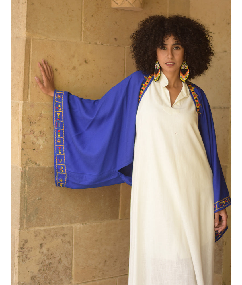Electric Blue Siwa Embroidered Linen Bolero made in Egypt & available at Jozee Boutique.