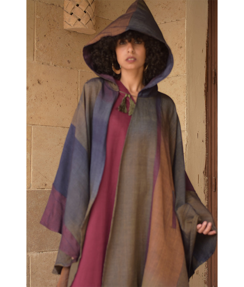 Multicolored Silk & Cotton Hooded Cape