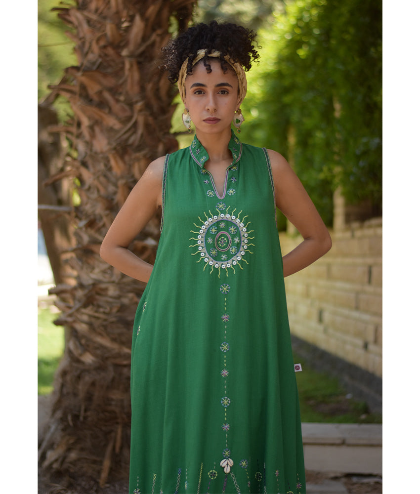 Green Siwa Embroidered Linen Japanese Dress handmade in Egypt & available at Jozee Boutique.