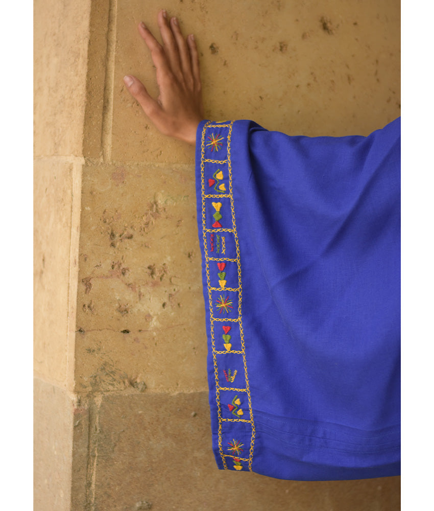 Electric Blue Siwa Embroidered Linen Bolero made in Egypt & available at Jozee Boutique.