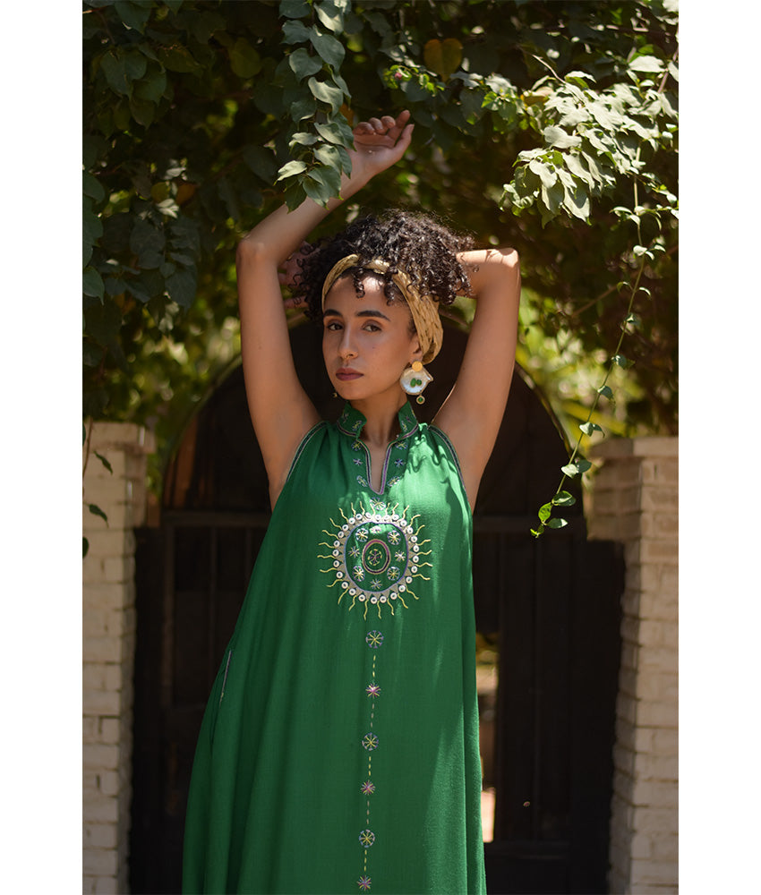 Green Siwa Embroidered Linen Japanese Dress handmade in Egypt & available at Jozee Boutique.