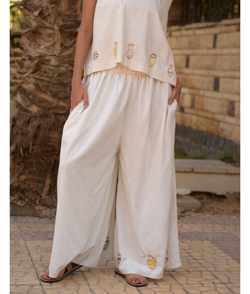 Off White Cotton Set with Hand Embroideries handmade in Egypt & available at Jozee Boutique.