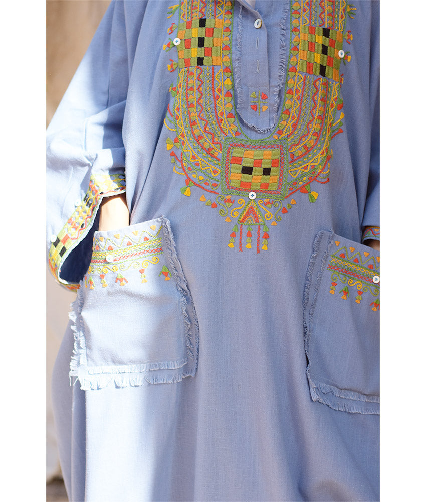 Denim blue Siwa Embroidered Linen Kaftan with Hoodie handmade in Egypt & available at Jozee Boutique.