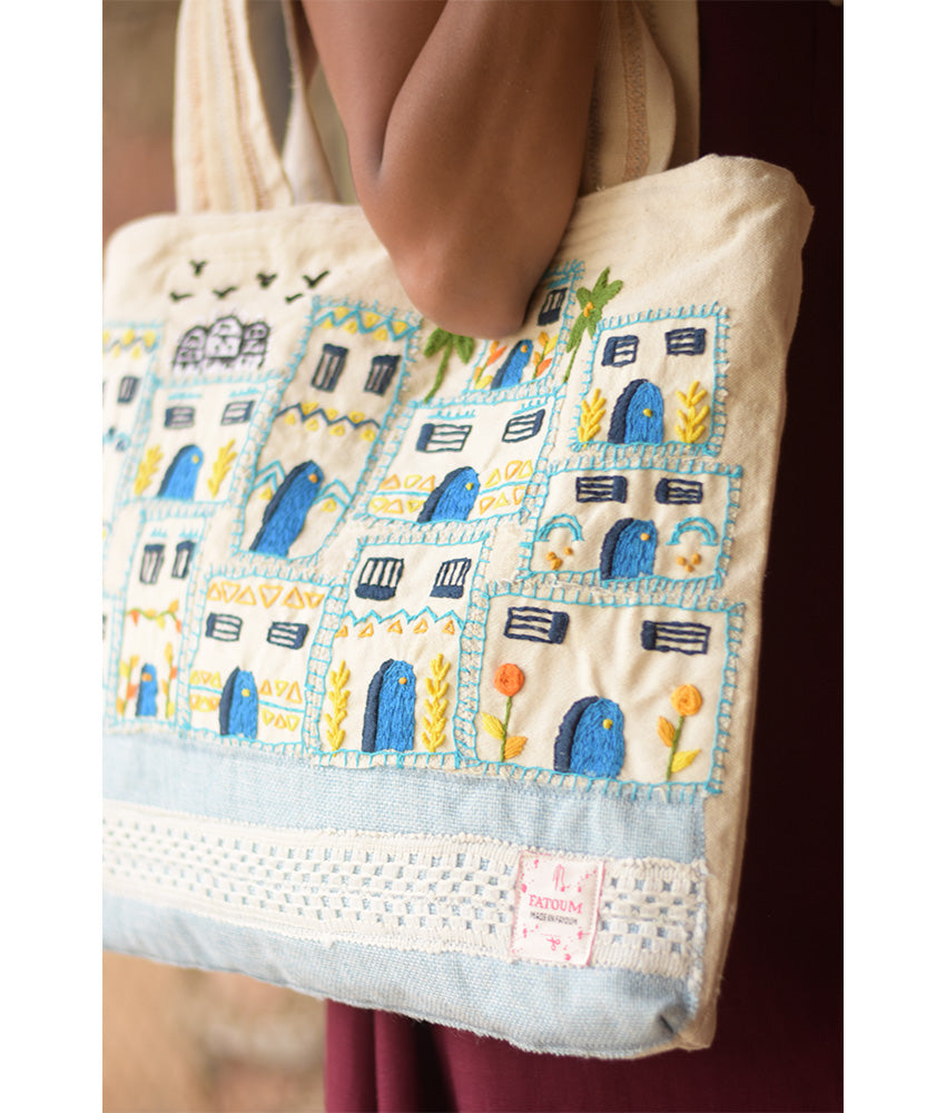 Off White Embroidered Tote Bag handmade in Egypt & available in Jozee boutique