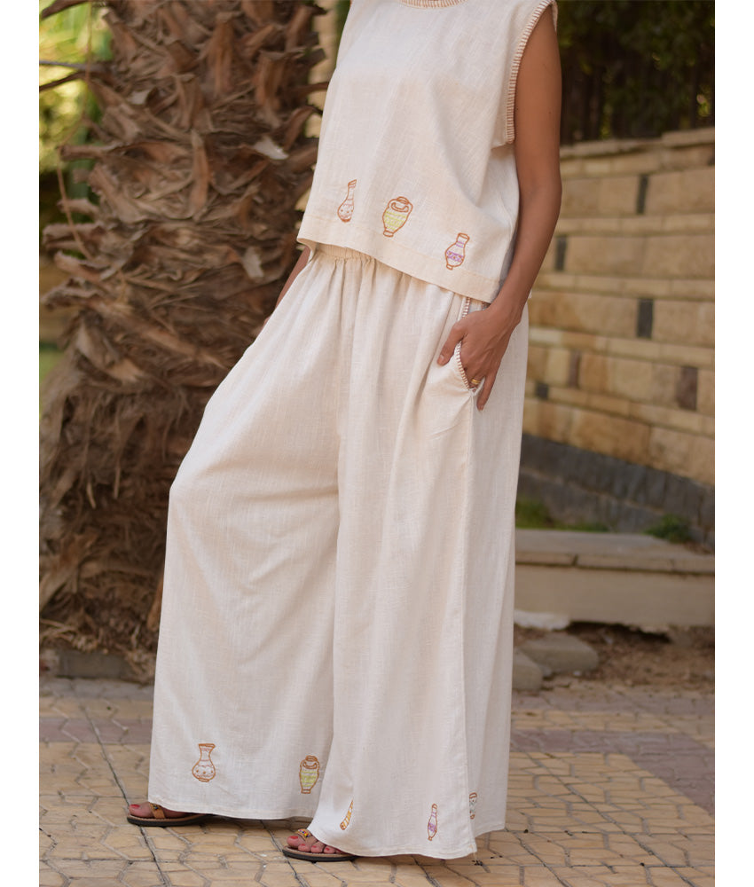 Off White Cotton Set with Hand Embroideries handmade in Egypt & available at Jozee Boutique.
