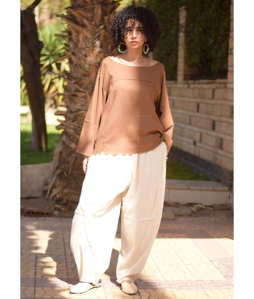 Cinnamon Brown Linen Boxy Top handmade in Egypt & available at Jozee Boutique.