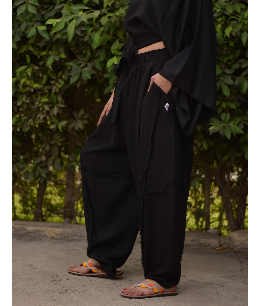 Black Wide Leg Linen Frayed Pants handmade in Egypt & available at Jozee Boutique.
