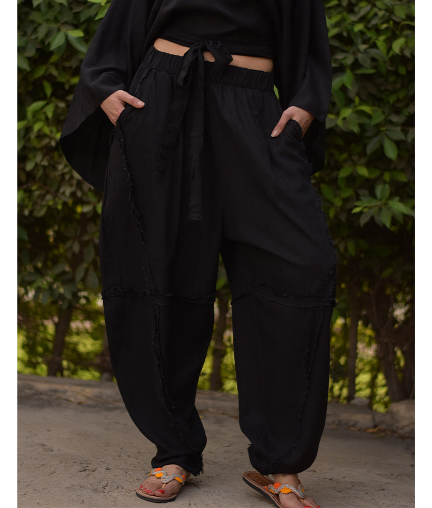 Black Wide Leg Linen Frayed Pants handmade in Egypt & available at Jozee Boutique.