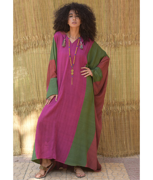 Multicolored Viscose Kaftan with Hoodie