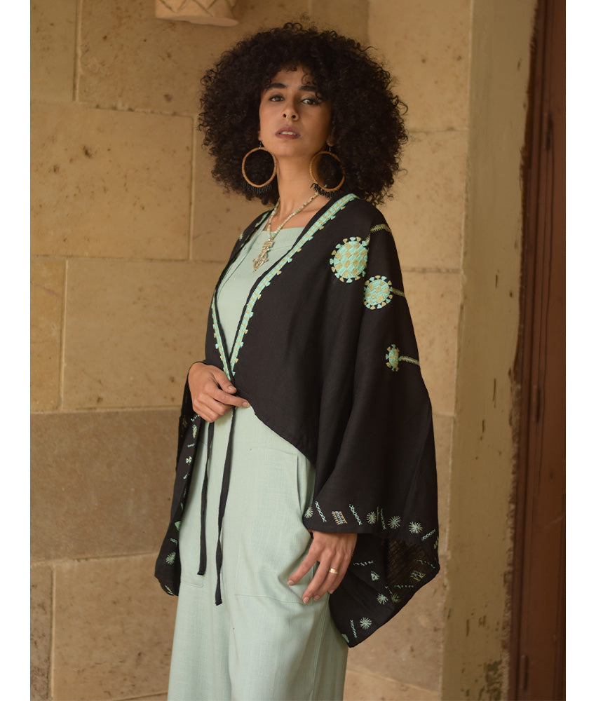 Black Siwa Embroidered Linen Bolero made in Egypt & available at Jozee Boutique.
