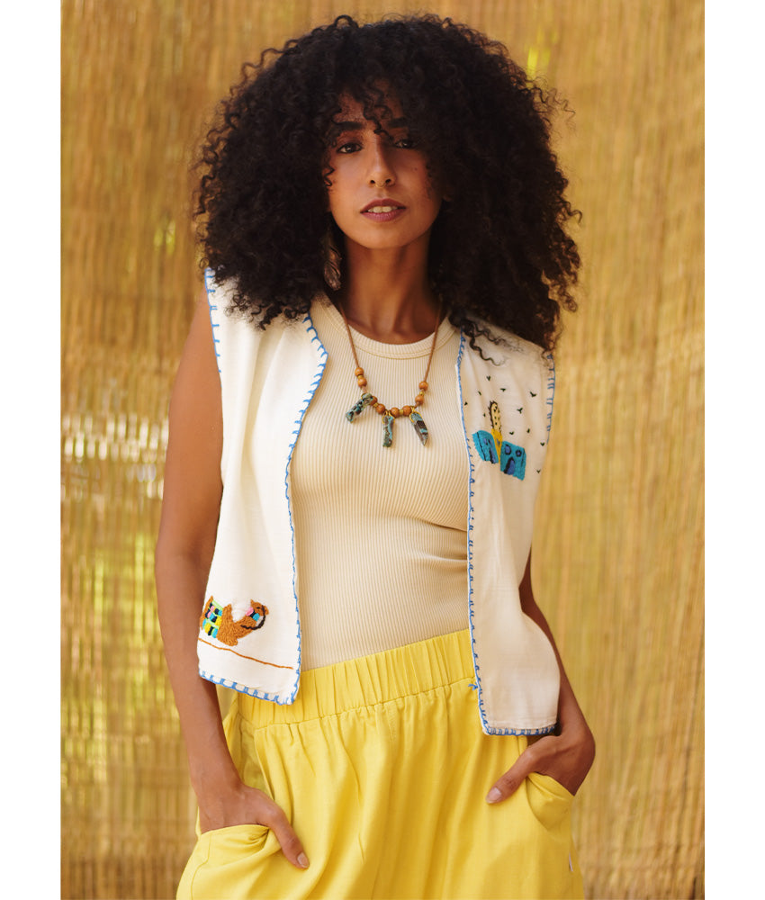 Off White Hand Embroideries Linen Vest - Fatoum