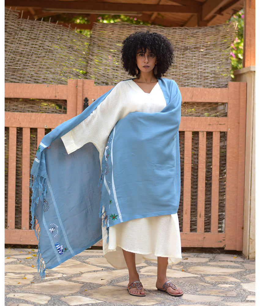 Baby Blue Handwoven Viscose Shawl with Hand Embroideries handmade in Egypt & available at Jozee Boutique.handmade in Egypt & available at Jozee Boutique.