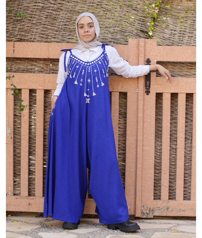 Electric Blue Siwa Embroidered Linen Flowy Jumpsuit/Dress handmade in Egypt & available at Jozee Boutique.