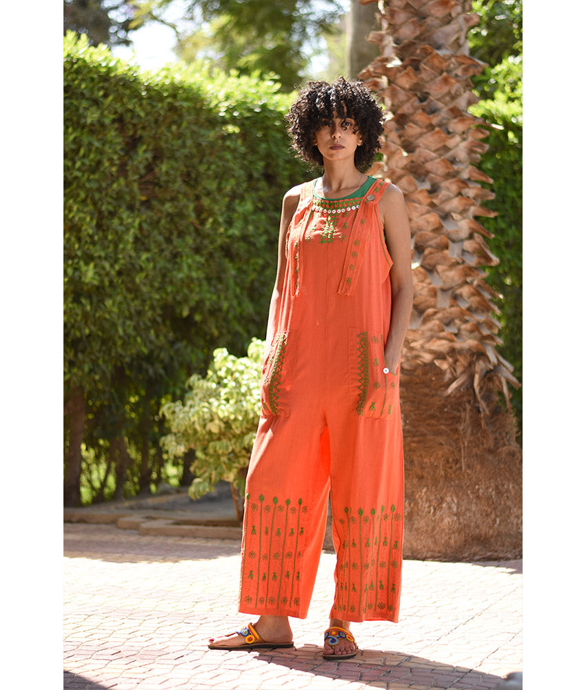Orange Siwa Embroidered Linen Jumpsuit Handmade in Egypt & available at Jozee Boutique