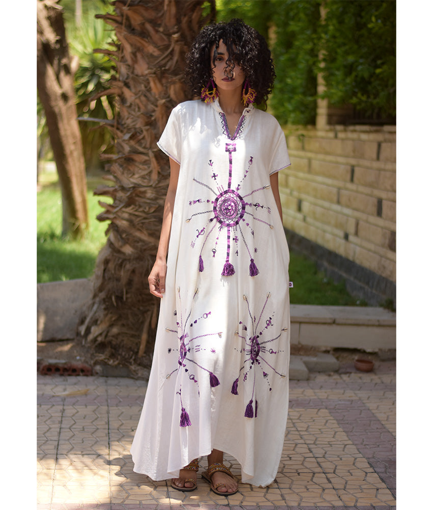 White Siwa Embroidered Linen Japanese Dress handmade in Egypt & available at Jozee Boutique.