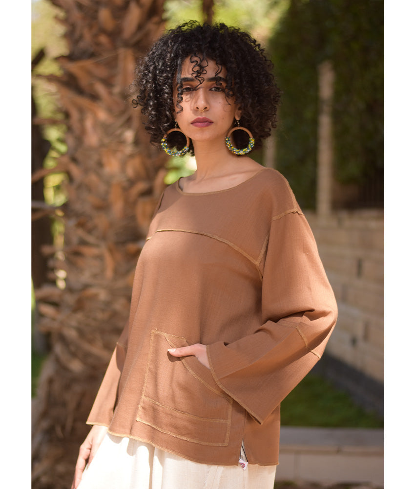 Cinnamon Brown Linen Boxy Top handmade in Egypt & available at Jozee Boutique.