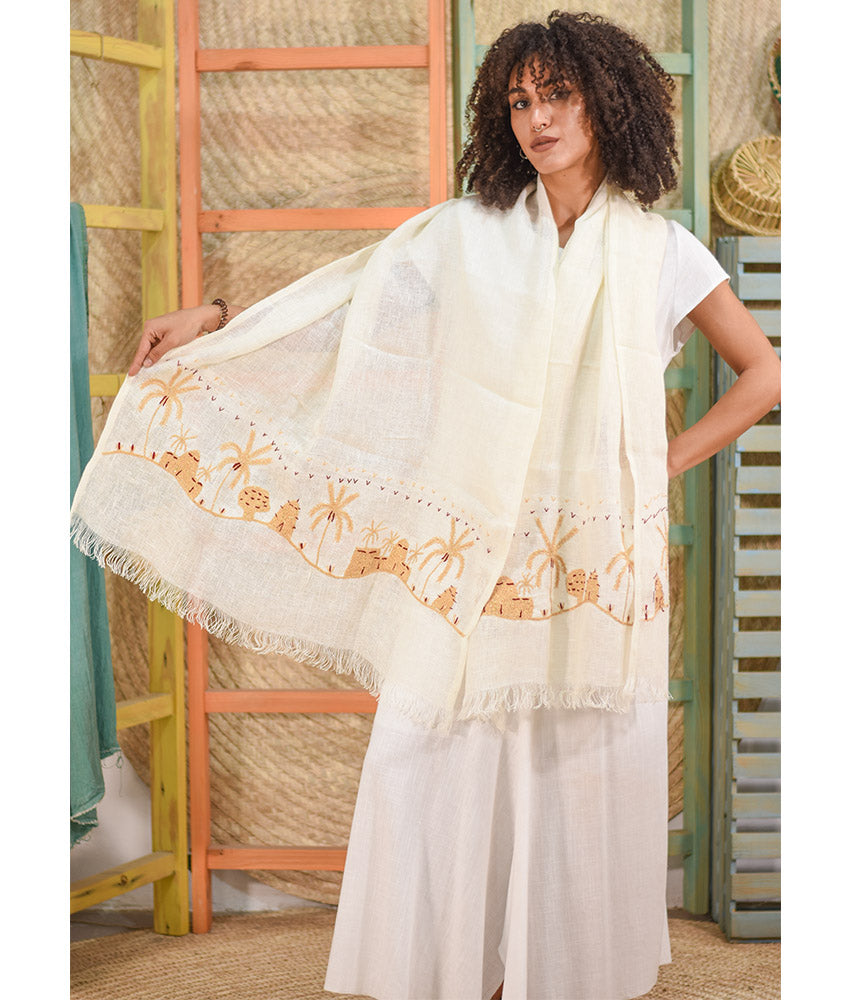 White Embroidered Linen Shawl handmade in Egypt & available at Jozee Boutique