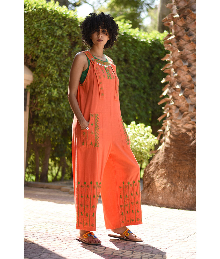 Orange Siwa Embroidered Linen Jumpsuit Handmade in Egypt & available at Jozee Boutique