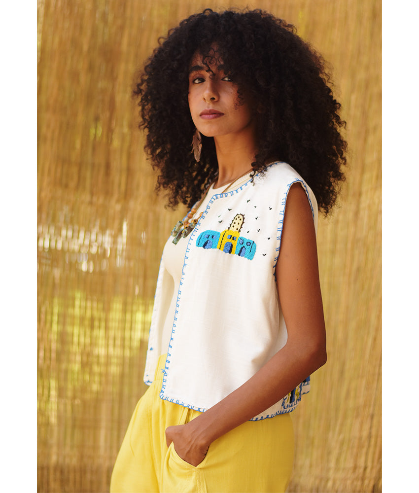 Off White Hand Embroideries Linen Vest - Fatoum