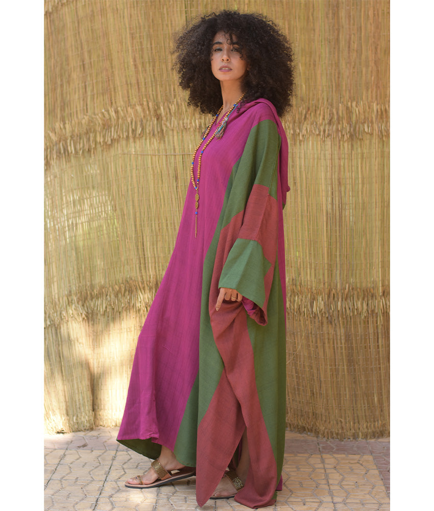 Multicolored Viscose Kaftan with Hoodie
