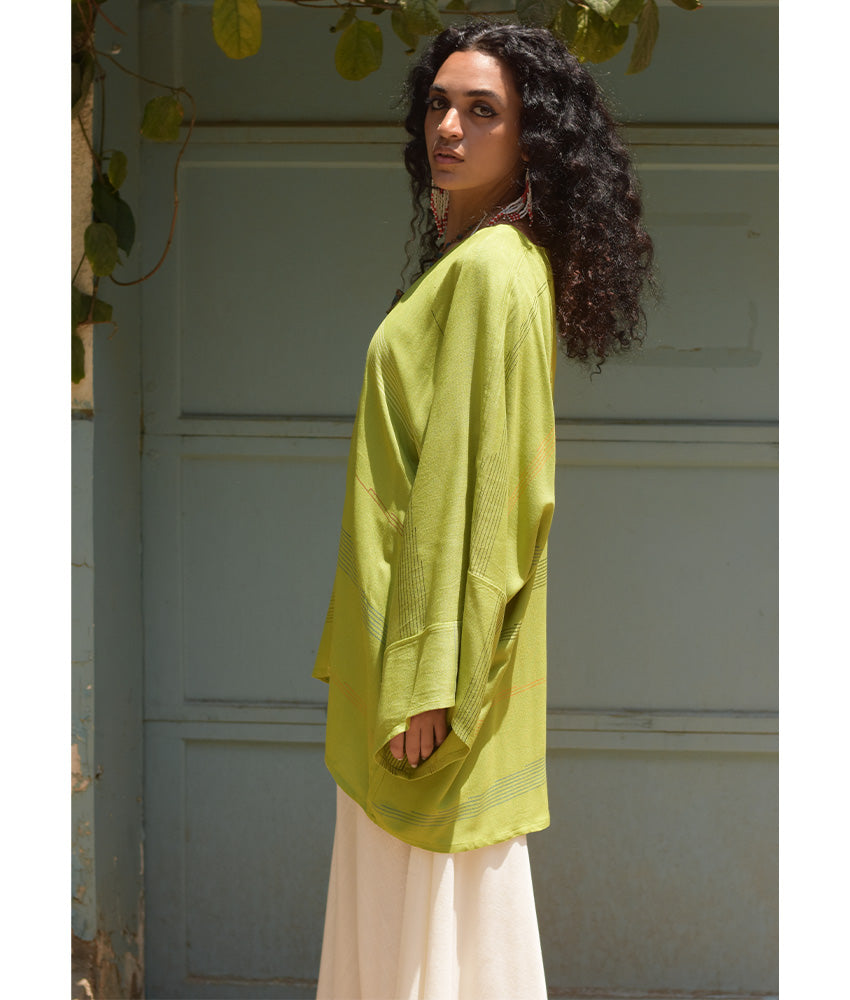 Lime Green Handwoven Viscose Cardigan handmade in Egypt & available at Jozee Boutique.