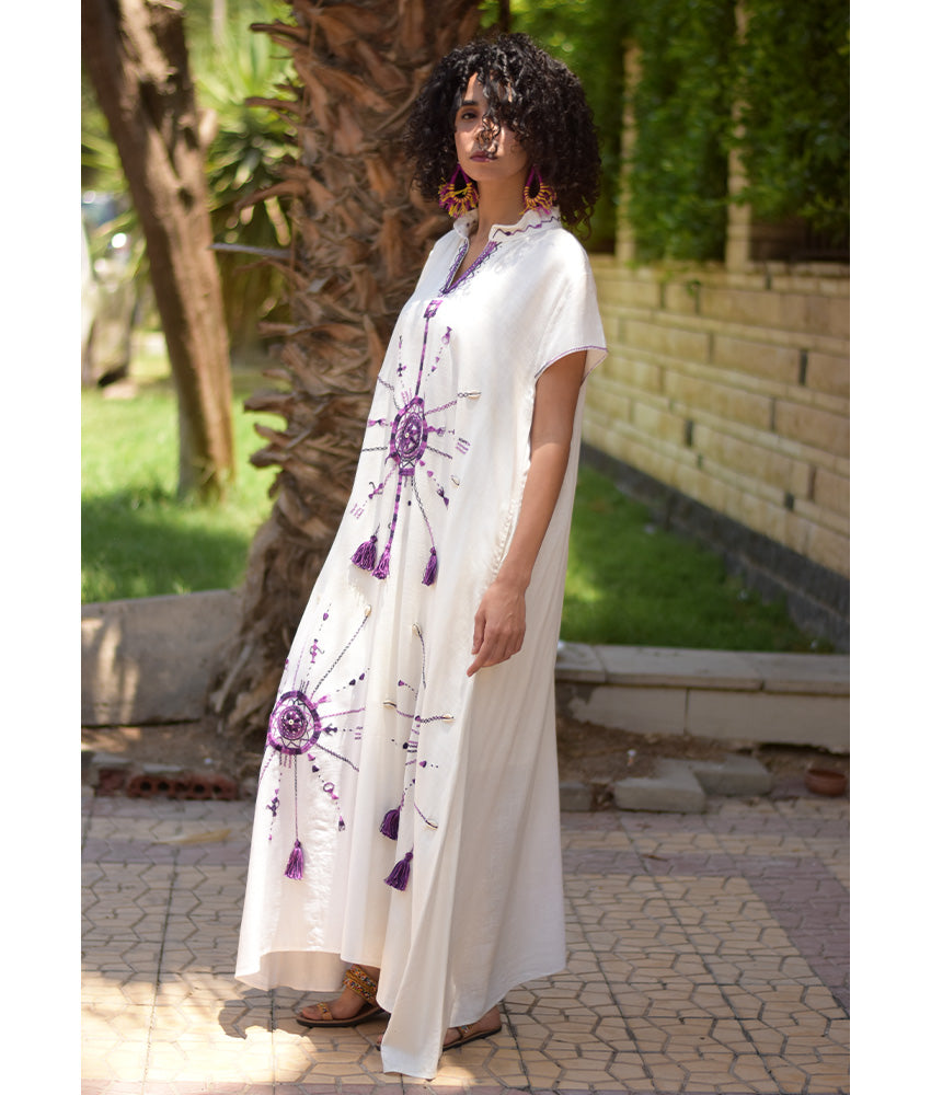 White Siwa Embroidered Linen Japanese Dress handmade in Egypt & available at Jozee Boutique.