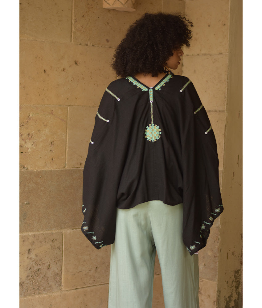 Black Siwa Embroidered Linen Bolero made in Egypt & available at Jozee Boutique.