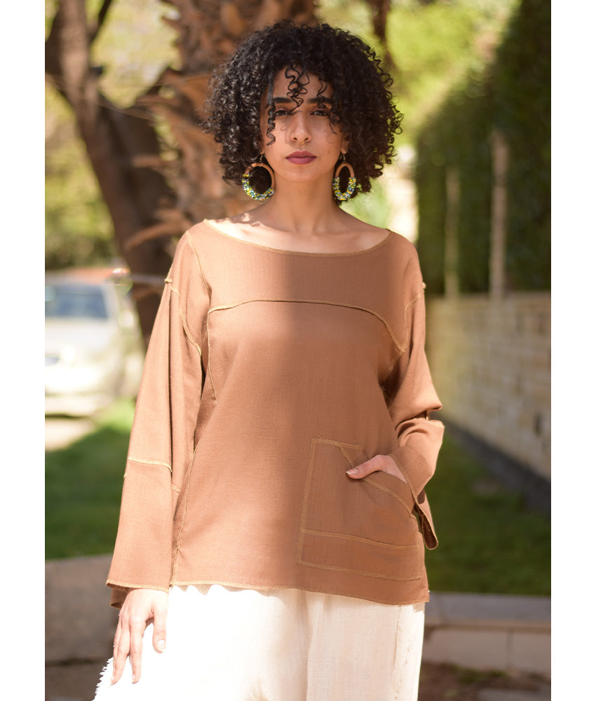 Cinnamon Brown Linen Boxy Top handmade in Egypt & available at Jozee Boutique.