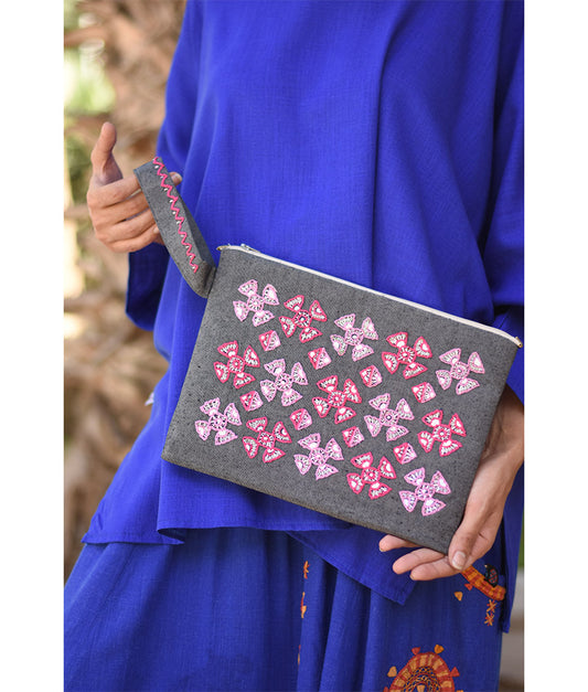 Grey Embroidered Clutch handmade in Egypt & available at Jozee Boutique.