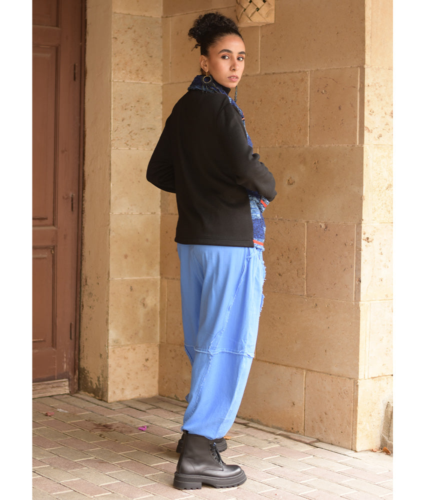 Black & Blue Cropped Akhmim Loomwoven Jacket handmade in Egypt & available at Jozee Boutique.handmade in Egypt & available at Jozee Boutique.
